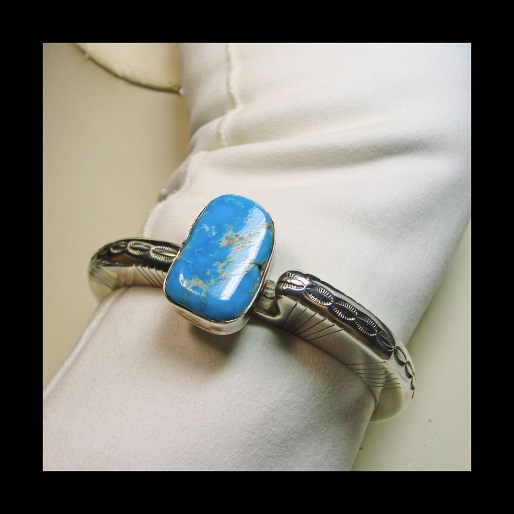 'Slice' Of Silver Cuff Bracelet with Deep Aqua Turquoise Set on a Pedestal 'Slice' Of Silver Cuff Bracelet with Deep Aqua Turquoise Set on a Pedestal