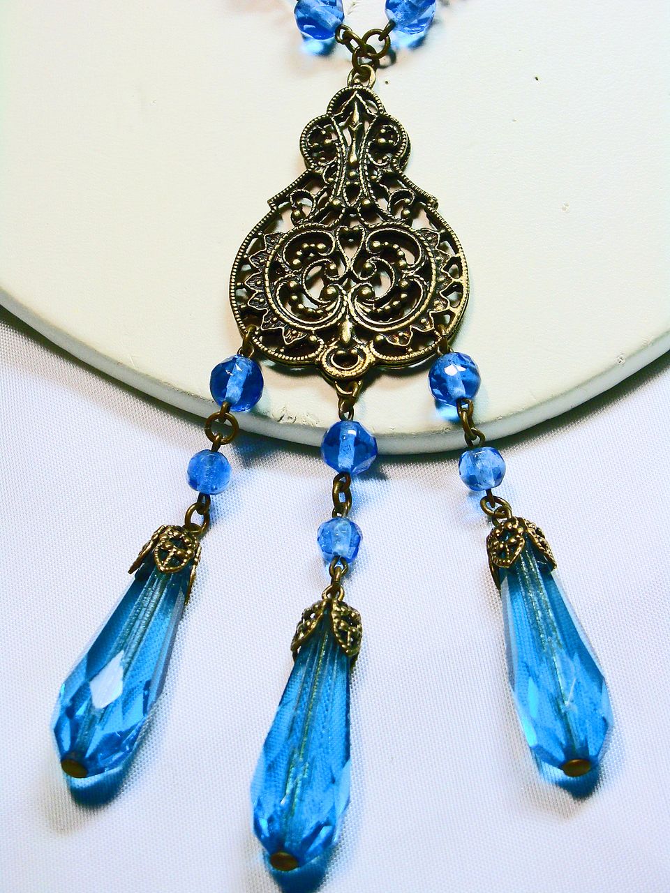 Czech Brass Filigree and Blue Glass Stones Necklace Czech Brass Filigree and Blue Glass Stones Necklace