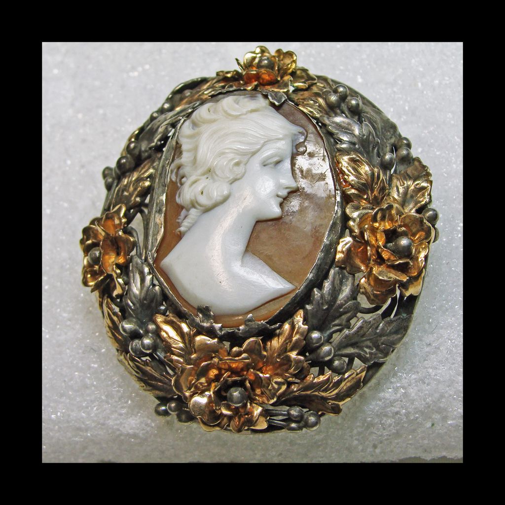 Unusual Shell Cameo in Sterling Silver with Gold Filled Accent Flowers Unusual Shell Cameo in Sterling Silver with Gold Filled Accent Flowers