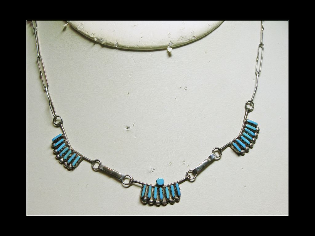 Delicate Zuni Needlepoint Turquoise Necklace in Sterling Silver from