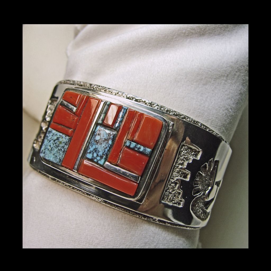 Sterling Cuff Style Bracelet with Silver Overlay ; Inlay of Coral Turquoise Sterling Cuff Style Bracelet with Silver Overlay ; Inlay of Coral Turquoise