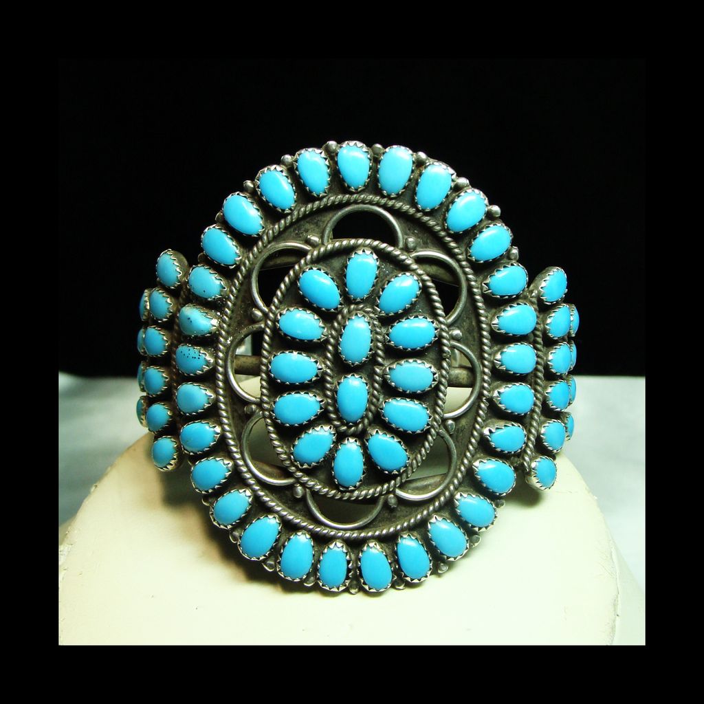 Vintage Sterling Silver and Turquoise Cluster Bracelet with Cutout Designs Vintage Sterling Silver and Turquoise Cluster Bracelet with Cutout Designs