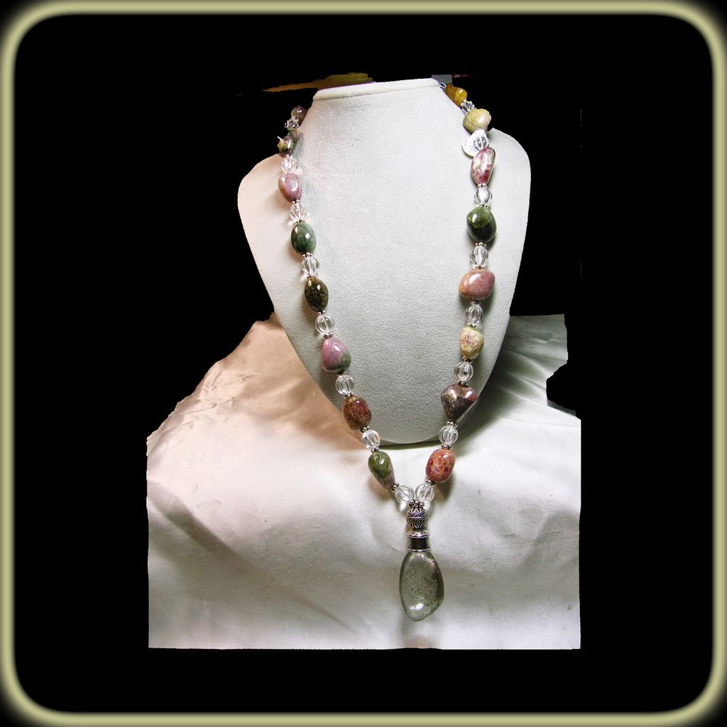 Necklace of Tourmaline Nuggets, Hand Carved Quartz with Lodalite Pendant Necklace of Tourmaline Nuggets, Hand Carved Quartz with Lodalite Pendant