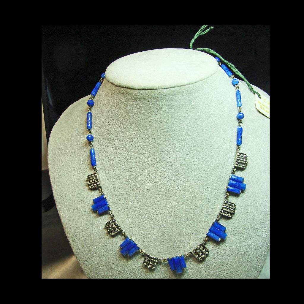 Faux Lapis and Marcasite Art Dec Style Necklace Faux Lapis and Marcasite Art Dec Style Necklace