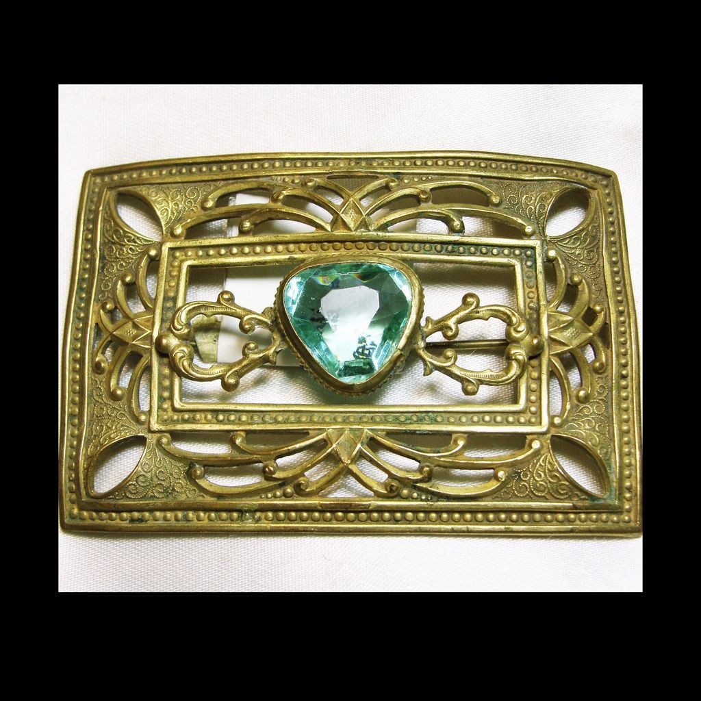 Victorian Gold Over Brass Sash Pin with Aqua Color Stone Victorian Gold Over Brass Sash Pin with Aqua Color Stone
