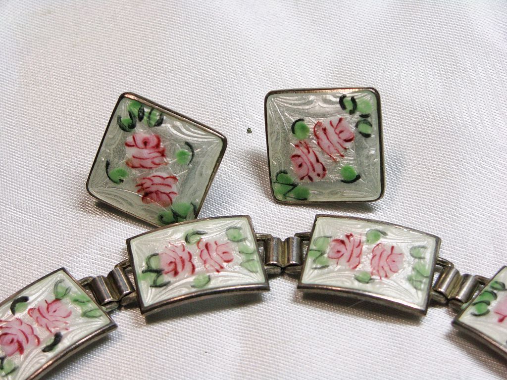 Vintage Guilloche Enamel Bracelet and Earrings Vintage Guilloche Enamel Bracelet and Earrings