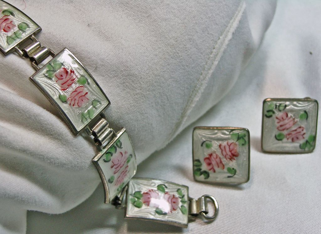 Vintage Guilloche Enamel Bracelet and Earrings Vintage Guilloche Enamel Bracelet and Earrings
