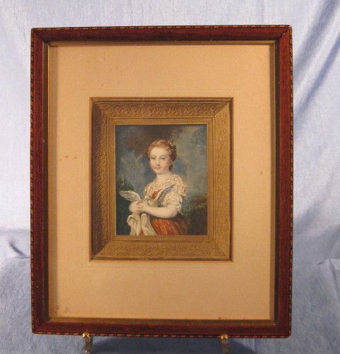 Antique Handcolored Engraving Girl with Dove after Greuze Antique Handcolored Engraving Girl with Dove after Greuze