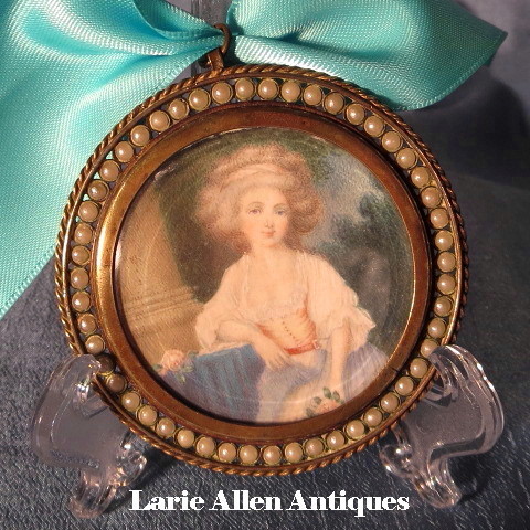 Antique Portrait Miniature Lady in Garden Jeweled Frame Antique Portrait Miniature Lady in Garden Jeweled Frame