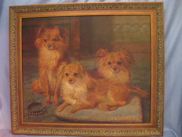 Large Belgian Oil 3 Pomeranian Dogs Signed F. Gaudfroy 1919 Large Belgian Oil 3 Pomeranian Dogs Signed F. Gaudfroy 1919