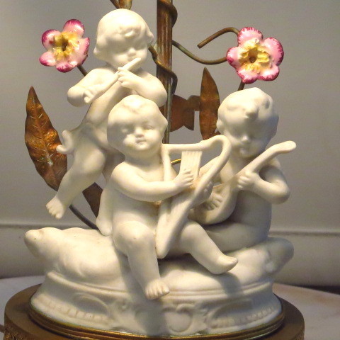 Rare pair French boudoir lamps with porcelain shades music boxes Rare pair French boudoir lamps with porcelain shades music boxes