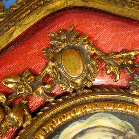 Antique French guilloche enamel portrait miniature bronze hand mirror Antique French guilloche enamel portrait miniature bronze hand mirror