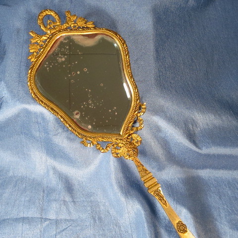 Antique French guilloche enamel portrait miniature bronze hand mirror Antique French guilloche enamel portrait miniature bronze hand mirror