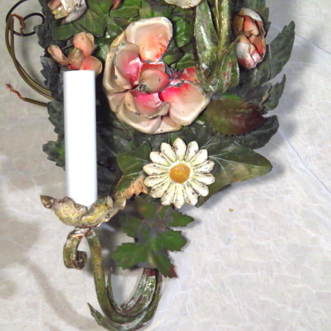 Pair antique Italian tole floral sconces delicious chippy paint Pair antique Italian tole floral sconces delicious chippy paint