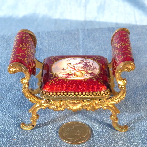Antique miniature doll French enamel bronze Louis XV style arm chair Antique miniature doll French enamel bronze Louis XV style arm chair