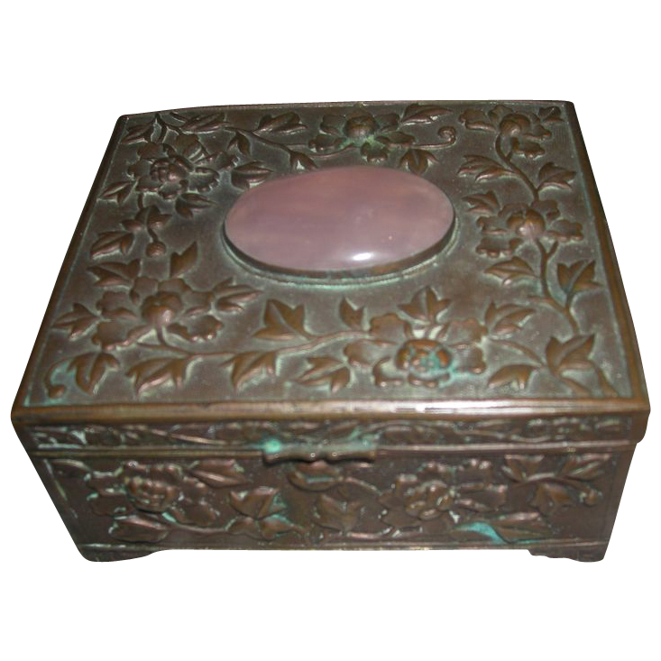 Chinese Bronze Box with Lotus Blossom Relief and Pink Stone Chinese Bronze Box with Lotus Blossom Relief and Pink Stone