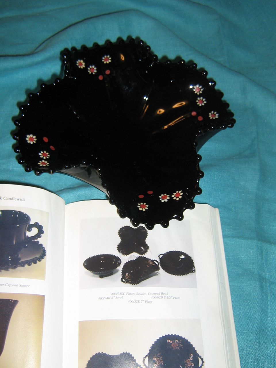 Imperial Candlewick 400/74SC Fancy Square Crimped Bowl Black Amethyst Decorated Imperial Candlewick 400/74SC Fancy Square Crimped Bowl Black Amethyst Decorated