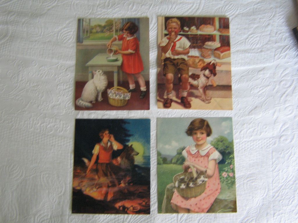 Vintage Prints~ Set of 4~ Children with Pets~ Lithographs ca" 1930's Vintage Prints~ Set of 4~ Children with Pets~ Lithographs ca" 1930's