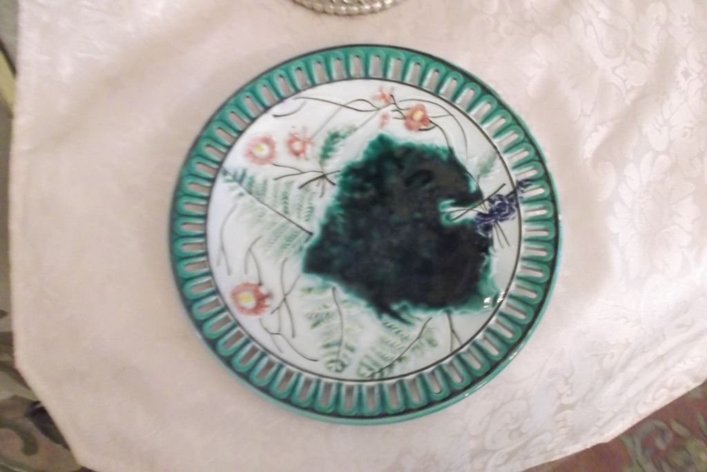 Majolica Reticulated 8" Plate Fern & Grape Leaf w/ flowers Vintage German Majolica Reticulated 8" Plate Fern & Grape Leaf w/ flowers Vintage German