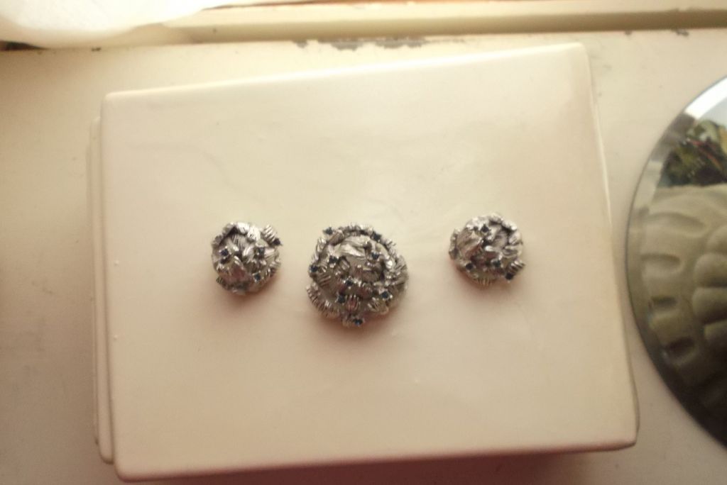 Vintage Pin & Earring Set- Stylized Silvertone w/ Blue Rhinestones Vintage Pin & Earring Set- Stylized Silvertone w/ Blue Rhinestones