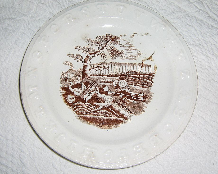 Antique Child's Alphabet Plate ~ English Staffordshire Brown Transferware Antique Child's Alphabet Plate ~ English Staffordshire Brown Transferware
