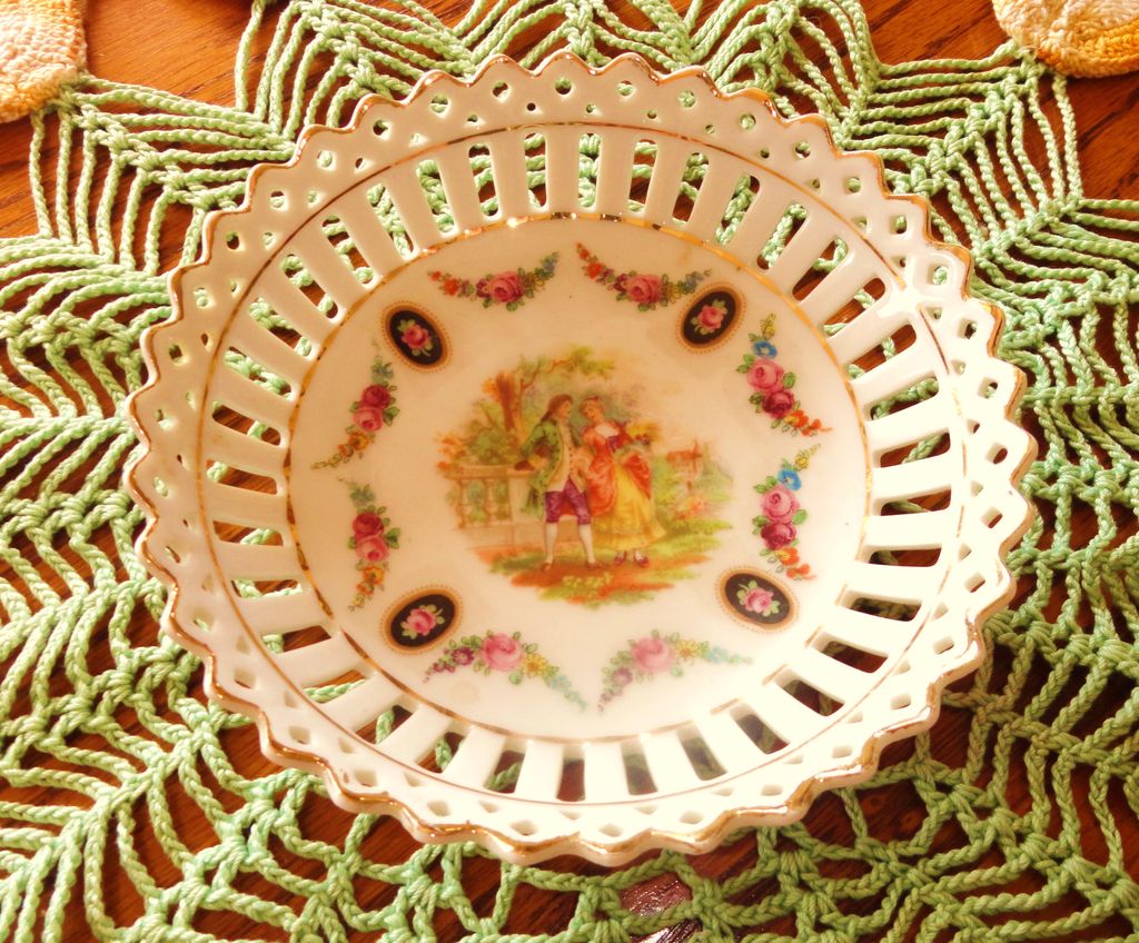 Reticulated Hand Painted "Courting Couple" Porcelain Dish - Germany Reticulated Hand Painted "Courting Couple" Porcelain Dish - Germany