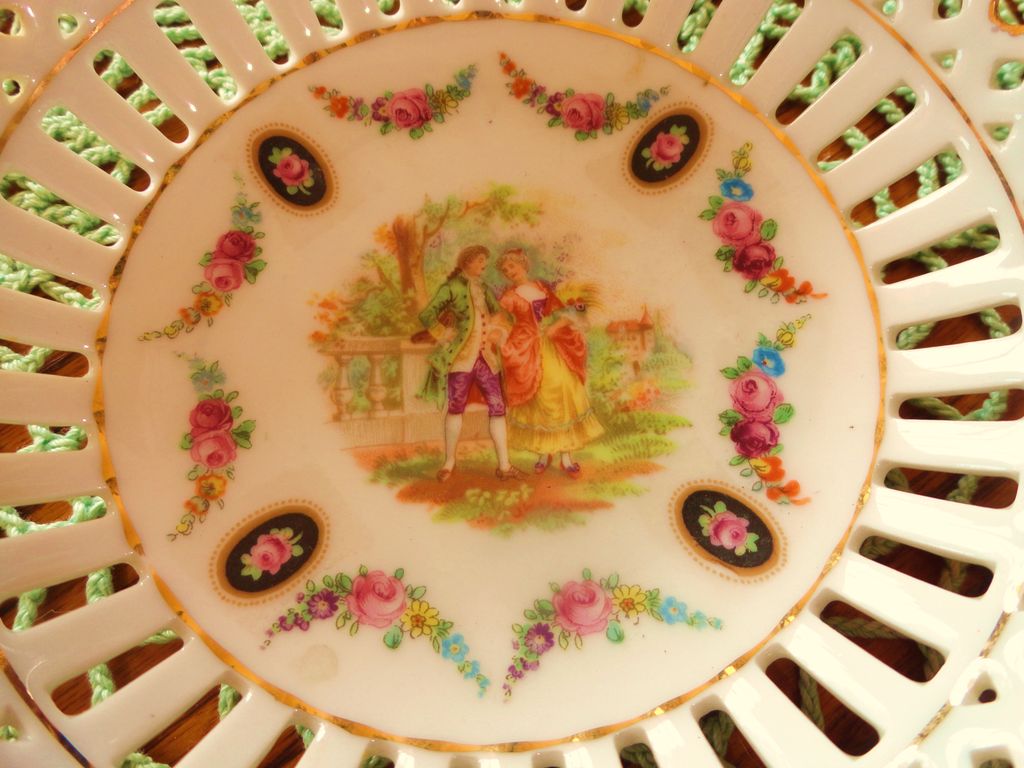 Reticulated Hand Painted "Courting Couple" Porcelain Dish - Germany Reticulated Hand Painted "Courting Couple" Porcelain Dish - Germany