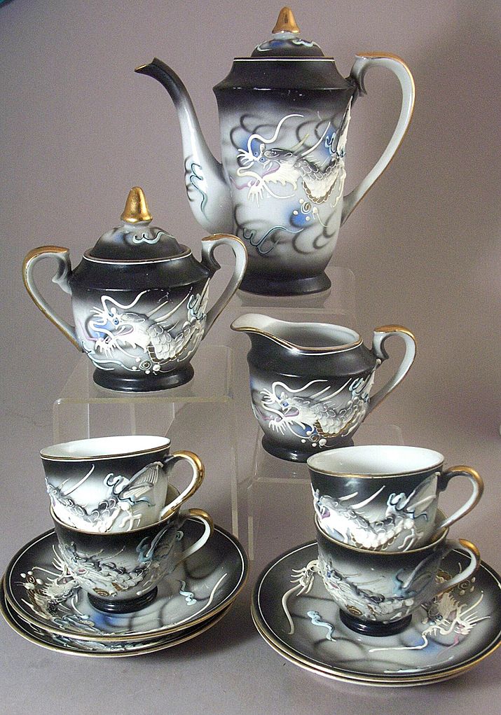 13 Pc Vintage Kutani Dragonware Moriage Hand Painted Tea Set from