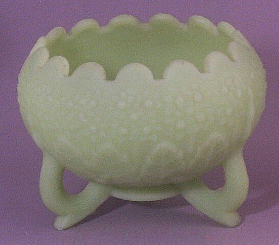 Fenton 3-Toed Custard Glass Footed Bowl - Leaf & Orange Tree Pattern Fenton 3-Toed Custard Glass Footed Bowl - Leaf & Orange Tree Pattern