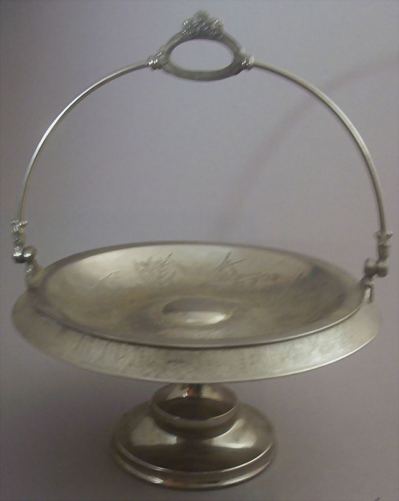 Antique Victorian Quadruple Silver-Plated Pedestal Bride's Basket (Cake Stand) -- Engraved Swallows & Flowers Antique Victorian Quadruple Silver-Plated Pedestal Bride's Basket (Cake Stand) -- Engraved Swallows & Flowers