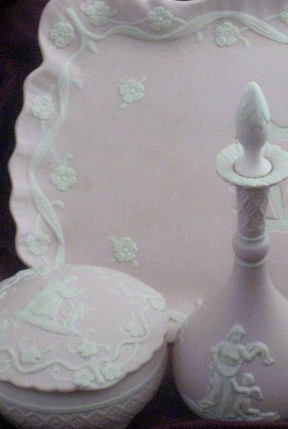 7 Pc Vintage Pink Jasperware-Style Dresser Set with Cherubs & Maiden 7 Pc Vintage Pink Jasperware-Style Dresser Set with Cherubs & Maiden