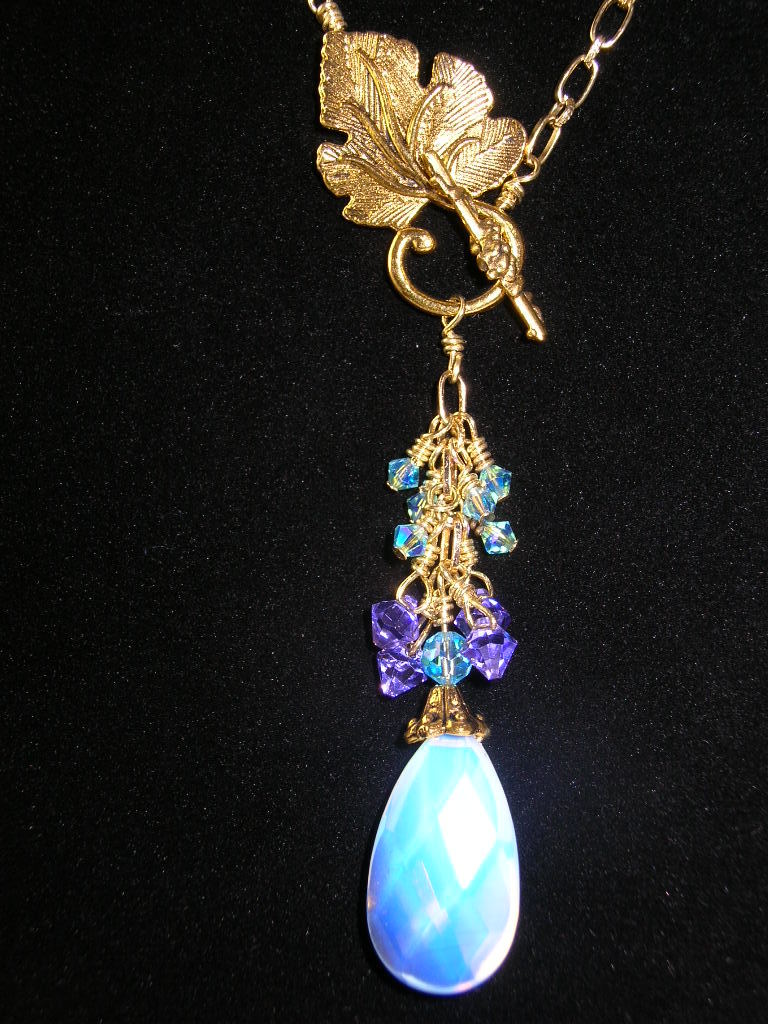 Brass and Opalite Necklace with Grape Leaf Brass and Opalite Necklace with Grape Leaf