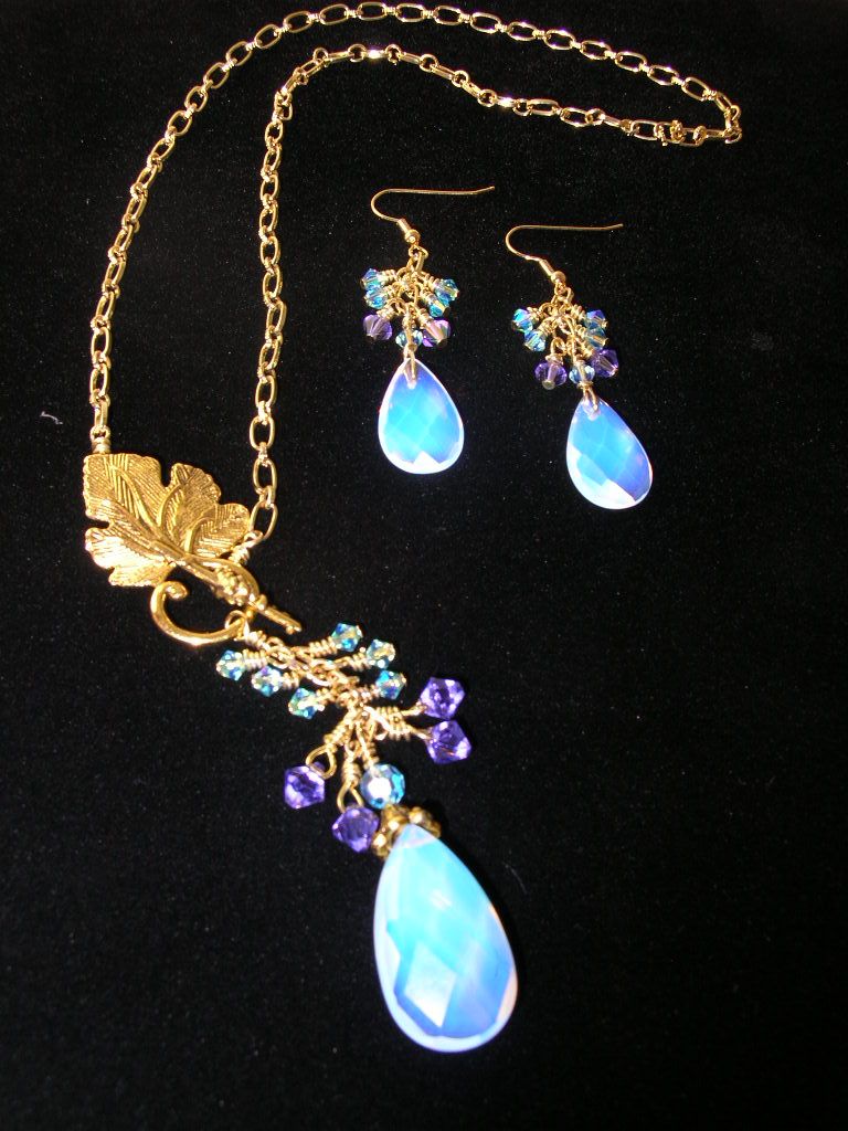 Brass and Opalite Necklace with Grape Leaf Brass and Opalite Necklace with Grape Leaf