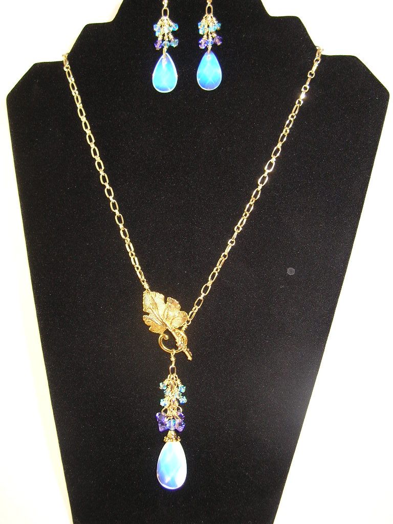 Brass and Opalite Necklace with Grape Leaf Brass and Opalite Necklace with Grape Leaf