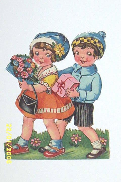 Valentine Couple..Boy In Top Hat / Girl With Parasol..Germany..Antique Paper Scrapes..Ephemera.. Valentine Couple..Boy In Top Hat / Girl With Parasol..Germany..Antique Paper Scrapes..Ephemera..