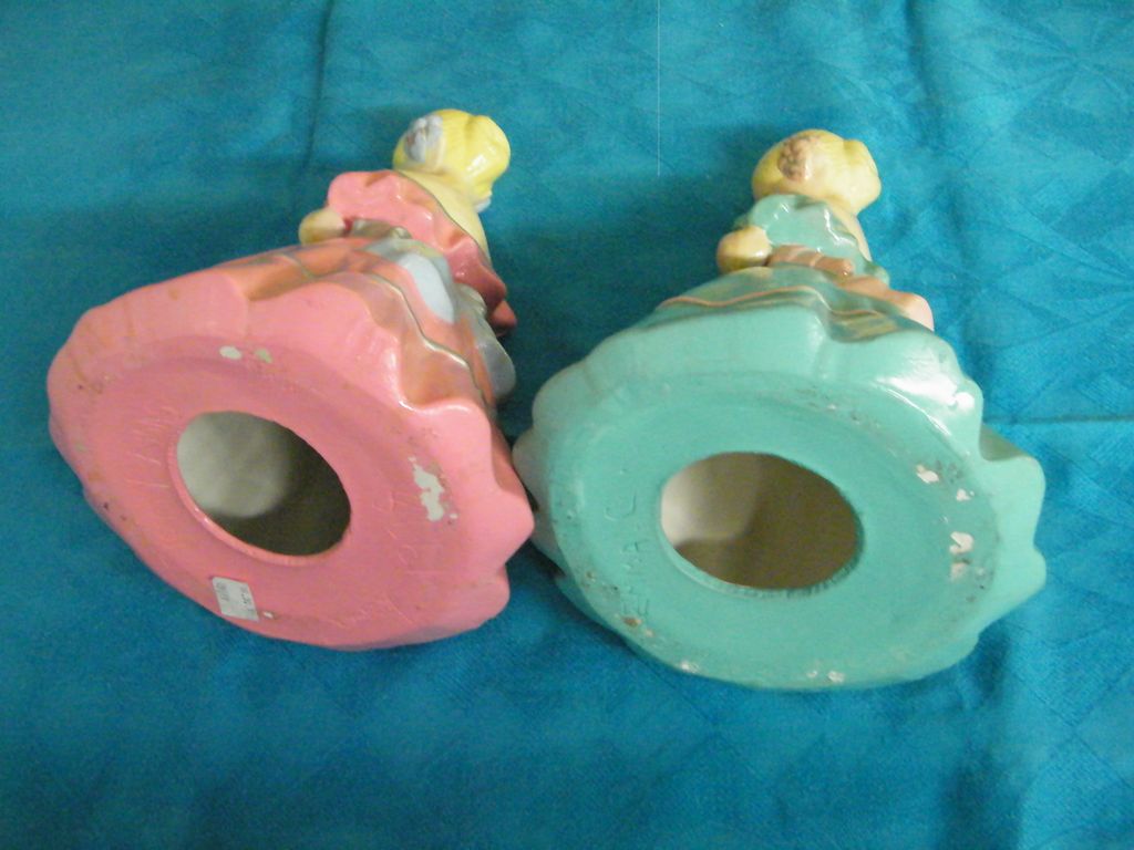 Mid-Century Pair Of Colonial MY FAIR LADIES Figurine Pottery In Jordan Almond Colors..Pink & Aqua! Mid-Century Pair Of Colonial MY FAIR LADIES Figurine Pottery In Jordan Almond Colors..Pink & Aqua!