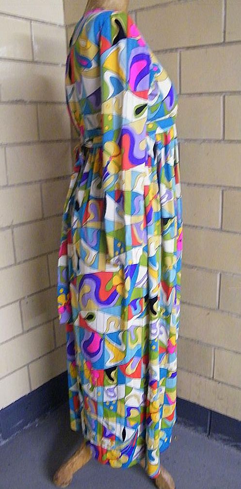 1960's Emilio Pucci style Abstract Print Dress .."V" Neck..Empire Waist..Long Fitted Sleeves..Jersey 1960's Emilio Pucci style Abstract Print Dress .."V" Neck..Empire Waist..Long Fitted Sleeves..Jersey