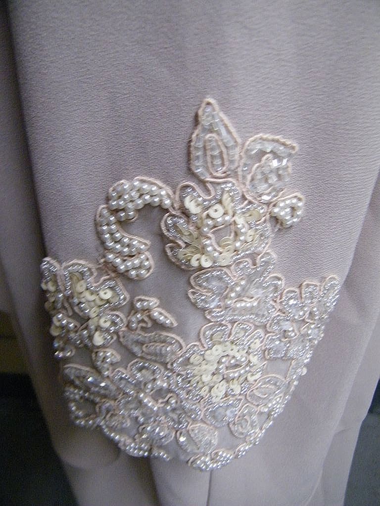 Long Formal Polyester Crepe Pale Beige Dress With Faux Jacket..Beaded Accents..Size XL Long Formal Polyester Crepe Pale Beige Dress With Faux Jacket..Beaded Accents..Size XL