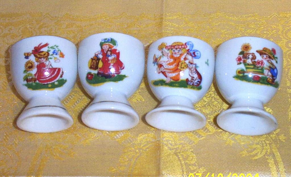 Child's... Vintage... Egg Cup Fairy Tale With Decals...Set Of Four...Assorted Designs Child's... Vintage... Egg Cup Fairy Tale With Decals...Set Of Four...Assorted Designs
