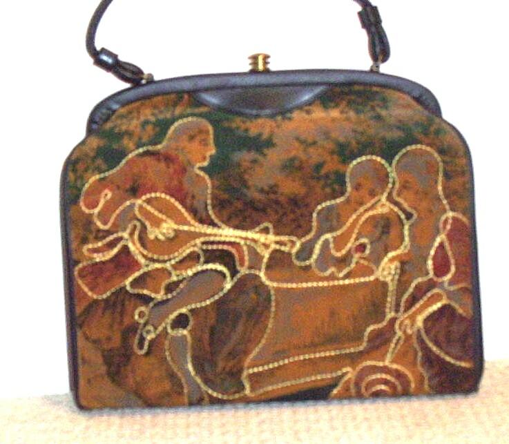 Velveteen Print Handbag With Outline Stitched Of Colonel Couple Velveteen Print Handbag With Outline Stitched Of Colonel Couple