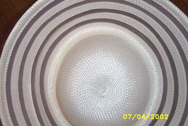 White Synthetic Straw Long Up-Turned Brim Hat With Alternating Rows Of Straw. Sheer Horse Hair, And Gold Sequin Trim White Synthetic Straw Long Up-Turned Brim Hat With Alternating Rows Of Straw. Sheer Horse Hair, And Gold Sequin Trim