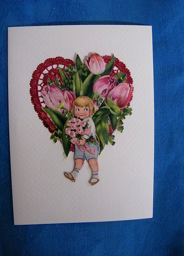 Valentine Collage Greeting Card..Boy In Blue..Red Foil Heart..Pink Tulips..Vintage Scraps..Mint Valentine Collage Greeting Card..Boy In Blue..Red Foil Heart..Pink Tulips..Vintage Scraps..Mint