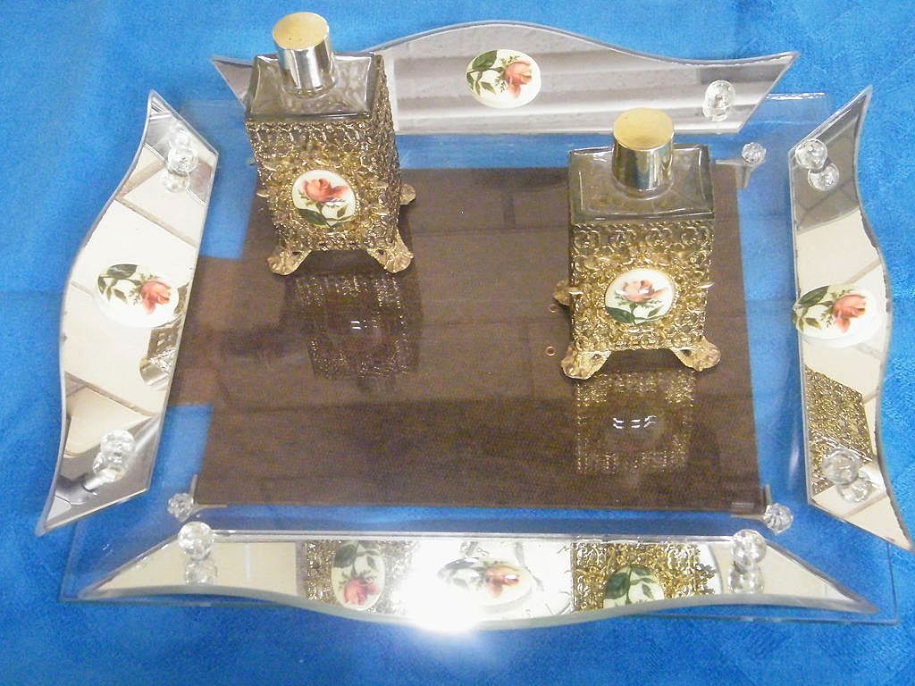Mid-Century Rose Cameo Vanity Set...Electric Clock...Picture Frame Or Tray..2 Filigree Perfume Bottles Mid-Century Rose Cameo Vanity Set...Electric Clock...Picture Frame Or Tray..2 Filigree Perfume Bottles