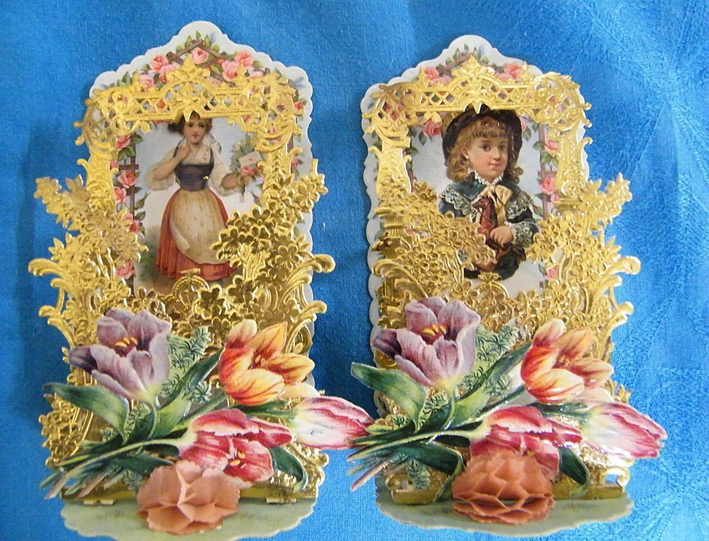 Antique Victorian Valentine..German Girl / Costume..Holding An Envelope With Heart Stamp..Pop-Up..Die-Cut..Embossed..Germany Antique Victorian Valentine..German Girl / Costume..Holding An Envelope With Heart Stamp..Pop-Up..Die-Cut..Embossed..Germany