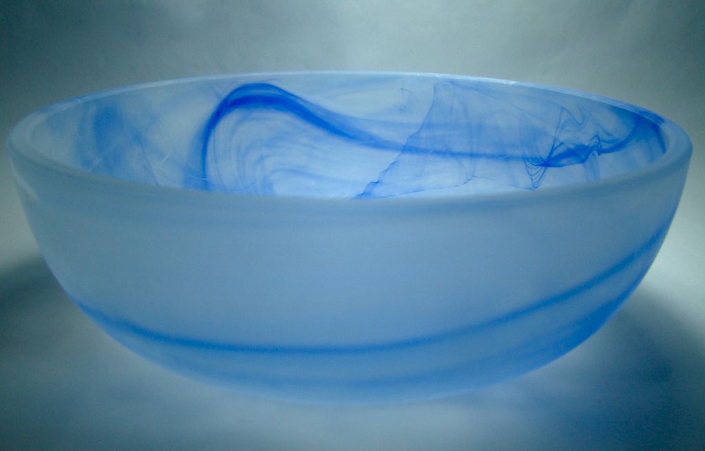 Blue and White Swirled Frosted Art Glass Bowl Blue and White Swirled Frosted Art Glass Bowl
