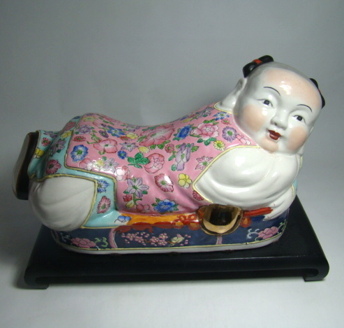 Signed Chinese Porcelain Pillow/Head Rest Child Figure on Wood Display Platform Signed Chinese Porcelain Pillow/Head Rest Child Figure on Wood Display Platform