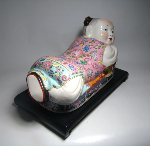Signed Chinese Porcelain Pillow/Head Rest Child Figure on Wood Display Platform Signed Chinese Porcelain Pillow/Head Rest Child Figure on Wood Display Platform