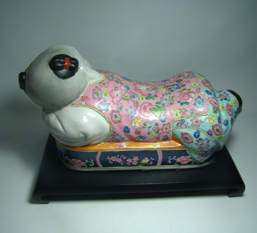 Signed Chinese Porcelain Pillow/Head Rest Child Figure on Wood Display Platform Signed Chinese Porcelain Pillow/Head Rest Child Figure on Wood Display Platform
