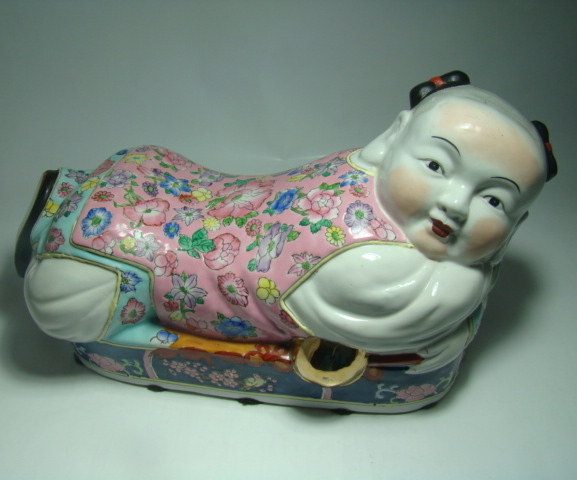Signed Chinese Porcelain Pillow/Head Rest Child Figure on Wood Display Platform Signed Chinese Porcelain Pillow/Head Rest Child Figure on Wood Display Platform