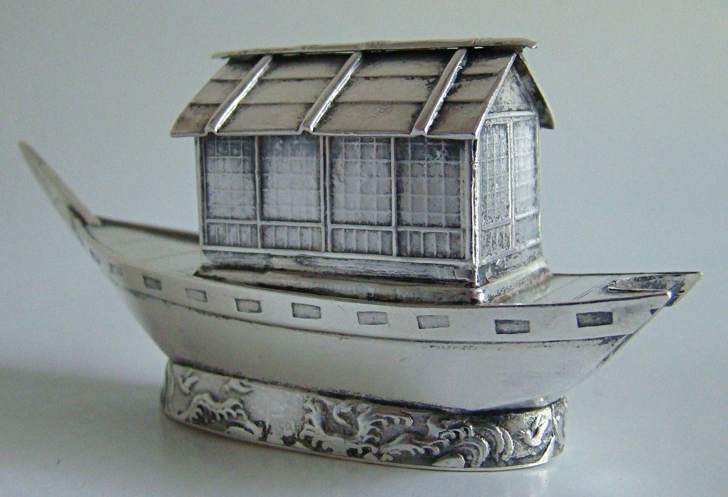 1890 Sterling Silver Salt or Pepper or Spice Shaker in a Miniature House Boat Form 1890 Sterling Silver Salt or Pepper or Spice Shaker in a Miniature House Boat Form